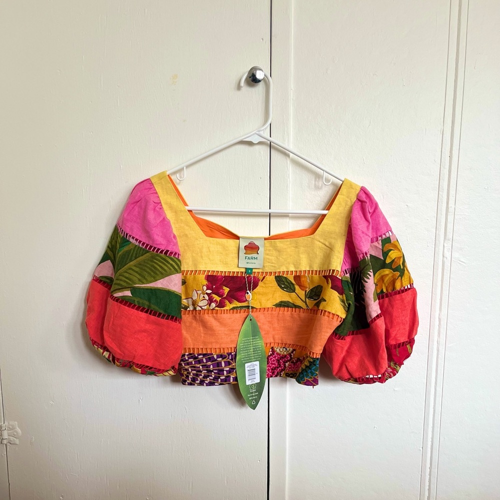FARM Rio Rainbow Mixed Prints Tiered Linen Blend Top